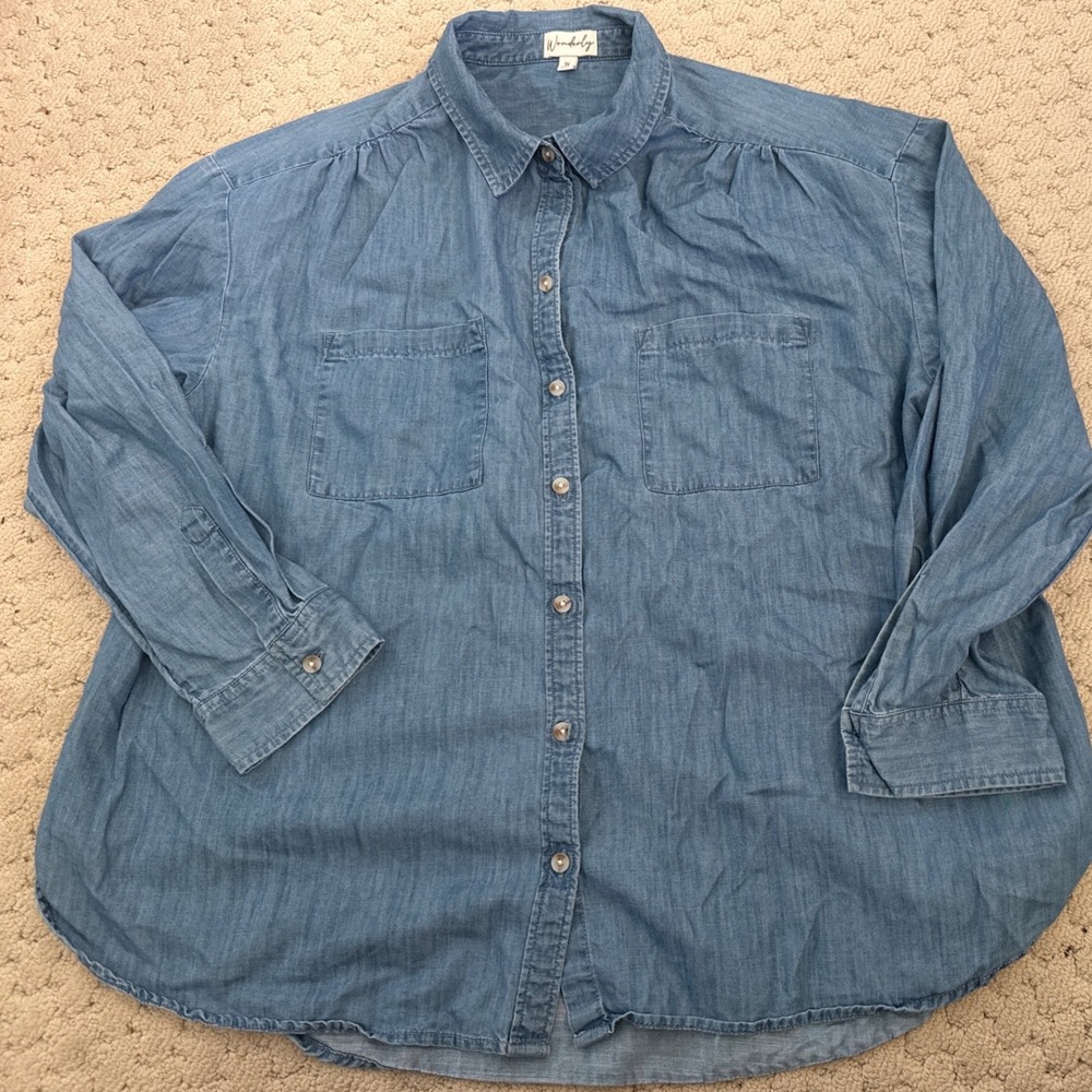 Wonderly Womens 1X Bl Chambray Button Down Shirt Cotton Lyocell Long Sleeve Top